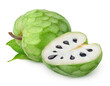 Isolated cherimoya. Whole and cut of cherimoya (Custard apple) fruits with leaves, isolated on white background