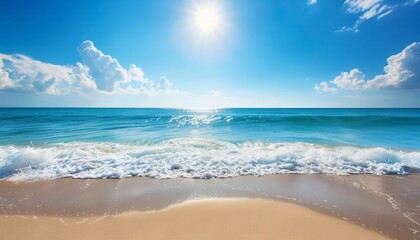 Tropical paradise beach photo, white sand, turquoise water. Summer vacation paradise background, travel destination.