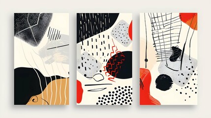 Sticker - A set of three abstract minimalist backgrounds. Hand drawn illustrations with geometric art patterns for wall decoration, postcards or brochures, cover design, printing, hanging pictures, social media