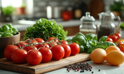 Wall Mural - Arranged fruits vegetables, tomato and eggs on white table in kitchen healthy vegetarian food background and banner. 