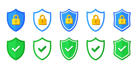 Security shield, shield with check mark and padlock, privacy and password lock vector icons colored illustration set
