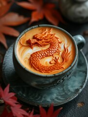 Canvas Print - coffee latte art, design of a simple dragon, background of rustic table 