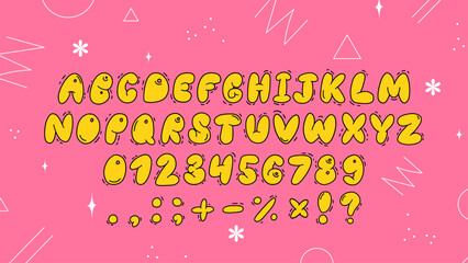 Wall Mural - Playful yellow bubble font inspired by 90s and Y2K themes. Puffy cartoon letters perfect for trendy and fun designs. Includes uppercase letters, numbers, and symbols.