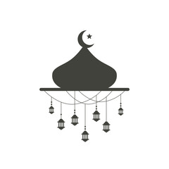 Canvas Print - Simple hanging Arabic traditional Ramadan Kareem lantern on Mosque dome. Eid Fitr or Adha Mubarak lamp Greeting crescent moon and star symbol Outline line icon Vector Illustration