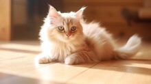 Beautiful Fluffy Cat On A Wooden Floor In The House Interior. Animal Concept Background.