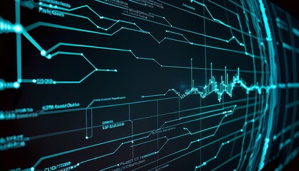 Generative AI.  glowing futuristic circuit board with binary code and graphs. a dark  background with a glowing  circuit board. The circuit board has many lines and connections