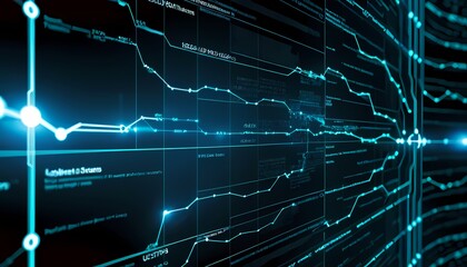 Generative AI.  glowing futuristic circuit board with binary code and graphs. a dark  background with a glowing  circuit board. The circuit board has many lines and connections
