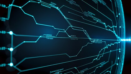 Generative AI.  glowing futuristic circuit board with binary code and graphs. a dark  background with a glowing  circuit board. The circuit board has many lines and connections
