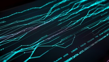 Generative AI.  glowing futuristic circuit board with binary code and graphs. a dark  background with a glowing  circuit board. The circuit board has many lines and connections