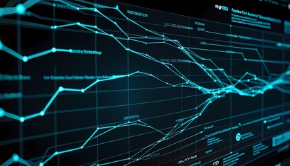 Generative AI.  glowing futuristic circuit board with binary code and graphs. a dark  background with a glowing  circuit board. The circuit board has many lines and connections