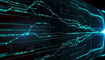 Generative AI.  glowing futuristic circuit board with binary code and graphs. a dark  background with a glowing  circuit board. The circuit board has many lines and connections