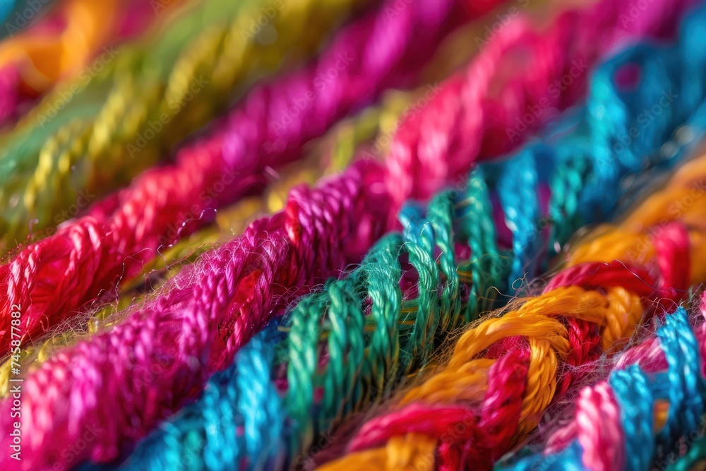 Microscopic image of textile fibers interweaving colorful threads ...
