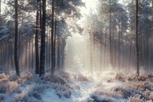 A Frosty Morning In A Pine Forest With Sunlight Filtering Through The Mist Winter Nature Landscape