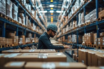 Focused man with a safety helmet working on a laptop at a warehouse, surrounded by aisles of high shelving with packages.