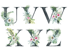 Watercolor Floral Letters For Wedding Invitations, Greeting Card, Birthday, Logo, Poster And Other. Black Letters.