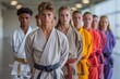© Denis - Group of young martial artists in various colored uniforms standing in formation during practice at a modern training facility in the afternoon
