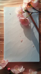 Canvas Print -  Blank notebook, a sketch pencil on the table, desktop background, a pink cherry blossom on the table as a decoration