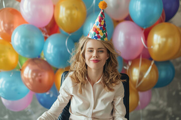 Wall Mural - Young beautiful girl with a birthday cake, anniversary celebration, excited, happy, emotional. AI