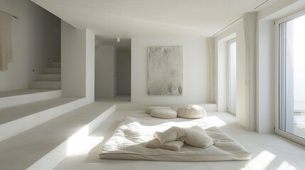 Canvas Print - Minimalist interior design featuring a serene living space with soft cushions and natural light in a bright, spacious room