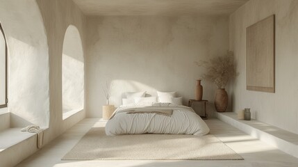 Canvas Print - Stylish modern bedroom with minimalist decor featuring natural elements and soft lighting in a serene setting