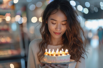 Wall Mural - Young beautiful girl with a birthday cake, anniversary celebration, excited, happy, emotional. AI