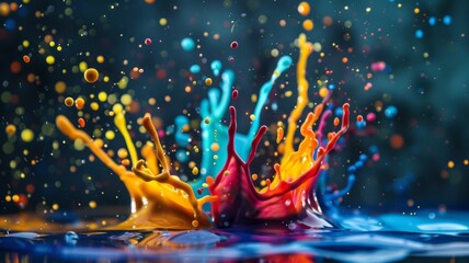 Wall Mural - Vibrant paint splash in blue background - A dynamic image capturing an explosion of colorful paint splashes against a deep blue backdrop, conveying movement and energy
