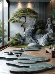 Canvas Print - Modern indoor garden design featuring rocks, trees, and flowing water elements in a serene space with natural lighting