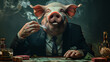 Businessman with pig head smiling and smoking.
