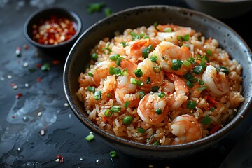 Wall Mural - Top View of Tom Yum Fried Rice with a Black Background: A Thai Cuisine Delight. Concept Food Photography, Thai Cuisine, Top View, Black Background, Tom Yum Fried Rice