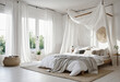 Contemporary white Skandinavian bedroom with bed and flowing white drapes. Boho bedroom with comfy bed and cushions, copy space. 