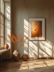 Wall Mural - Cozy interior with warm lighting highlighting decor and artwork during late afternoon