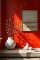 Wall Mural - Bright sunlight casts unique shadows on elegant decor in a modern interior with a striking red wall and minimalist design elements