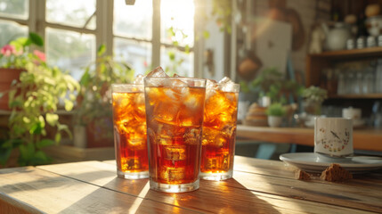 Canvas Print -  three glasses of Iced Tea served in tall glasses with ice cubes inside, presented on a table in a cafe