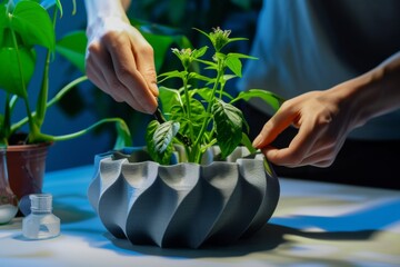 Canvas Print -  botanist planting in a 3d printed flower pot 