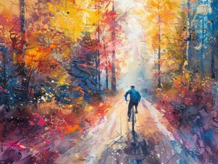 Wall Mural - Bicycle Adventure Through a Colorful Forest. Explore Tranquil Beauty of Autumn. Ride Along Winding Paths and Sunlit Clearings, Surrounded by Vibrant Tree