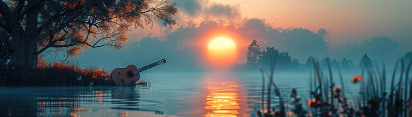 Wall Mural - guitar by the riverside at dusk. immerse in serene evening ambiance along the riverbank. as the sun 