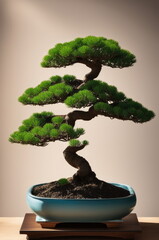 Bonsai Tree Display with Soft Background and Dramatic Silhouette