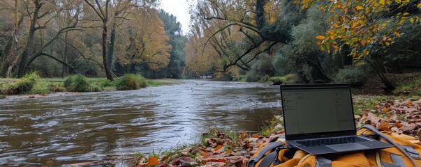 Wall Mural - laptop is placed on the bank of a serene river, surrounded by the picturesque beauty of nature. towe