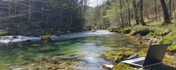 Wall Mural - laptop is placed on the bank of a serene river, surrounded by the picturesque beauty of nature. towe
