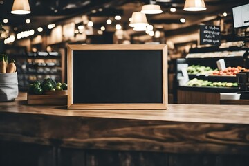 blank blackboard menu on wooden counter inside a coffee shop or organice grocery store