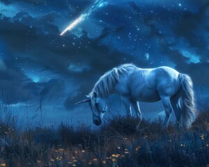 Wall Mural - ethereal glow of twilight, a majestic horse gallops across a meadow, its pure white form illuminated
