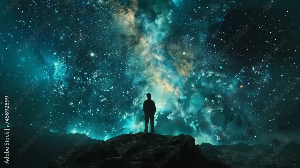 Night sky with stars and silhouette of a standing happy man with yellow ...