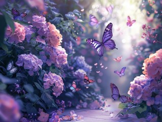 Wall Mural - butterfly dancing amidst blooming flowers. a floral symphony of nature's beauty in white, blue, and 