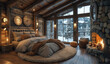  bedroom in the modern rustic cabin with windows and a fireplace with lights