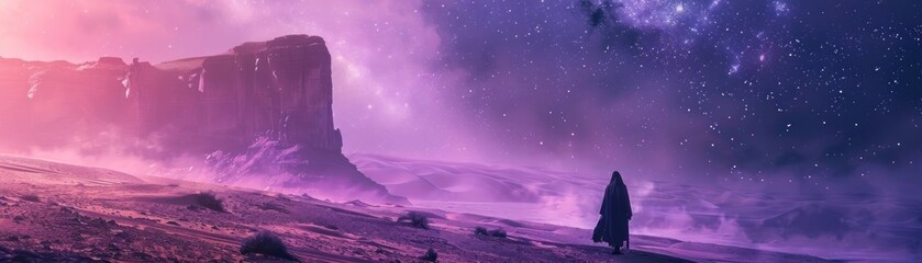 Wall Mural - walking on sandy beaches under a purple sky. embracing the mysteries of the cosmos as stars twinkle 
