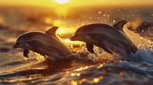 Playful Dolphins Delighting In The Water. A Spectacle Of Joy And Wonder. With Graceful Leaps And Spirited Splashes