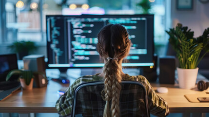 Rear view of female programmer sitting at desk while working with computer in start up office.