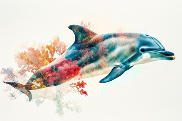 Wall Mural - A graceful dolphin merged with the vibrant colors of a coral reef in a double exposure