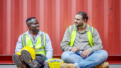 Two people African American and asian construction workers Happy Sit and rest in the container area and talking to during their break from work construction. foreman gives advice with subordinate