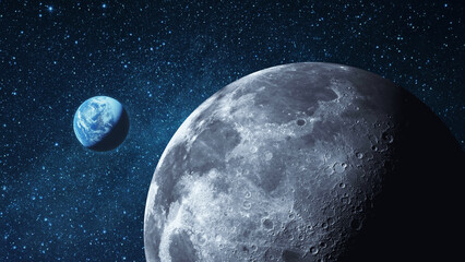 Wall Mural - moon with craters and blue planet earth in starry space. surface of the moon and view of the earth. 